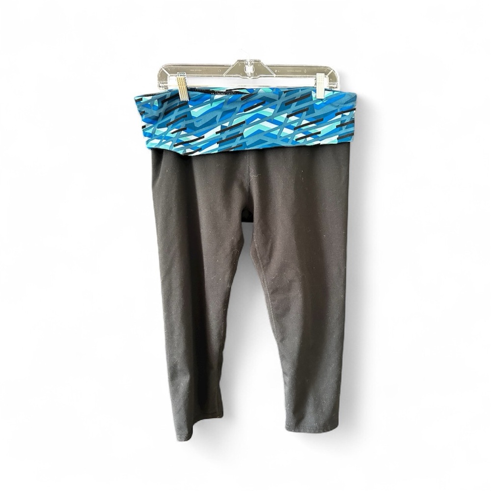 Fabletics Black Leggings with Blue and Green Accents